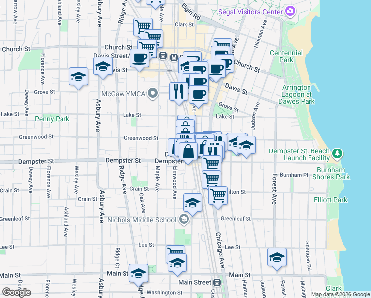 map of restaurants, bars, coffee shops, grocery stores, and more near 1322 Sherman Avenue in Evanston
