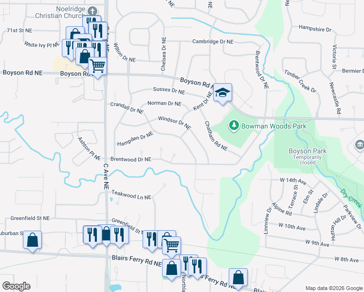 map of restaurants, bars, coffee shops, grocery stores, and more near 237 Crandall Dr NE in Cedar Rapids