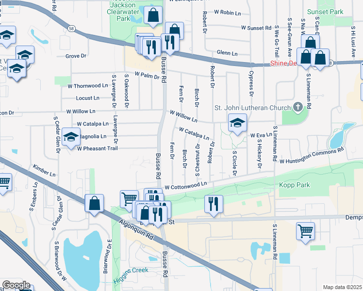 map of restaurants, bars, coffee shops, grocery stores, and more near 1408 Birch Drive in Mount Prospect