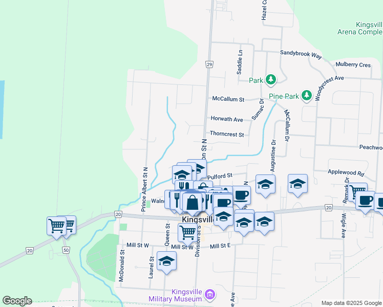 map of restaurants, bars, coffee shops, grocery stores, and more near 124 Division Street North in Kingsville