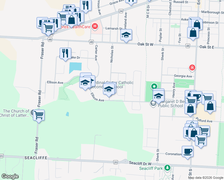 map of restaurants, bars, coffee shops, grocery stores, and more near 40 Nicholas Street in Essex County