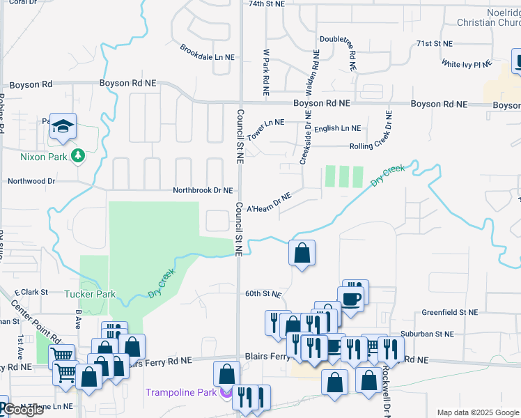 map of restaurants, bars, coffee shops, grocery stores, and more near 1502 A'Hearn Drive Northeast in Cedar Rapids