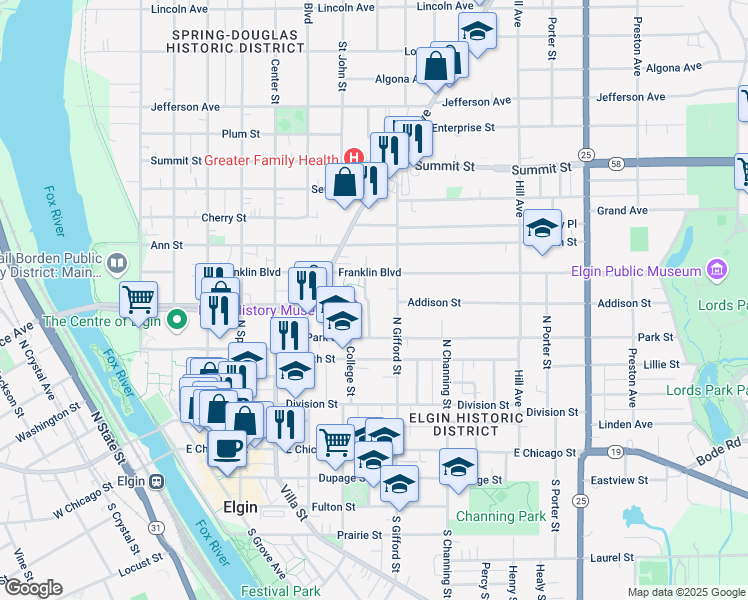 map of restaurants, bars, coffee shops, grocery stores, and more near 235 College Street in Elgin