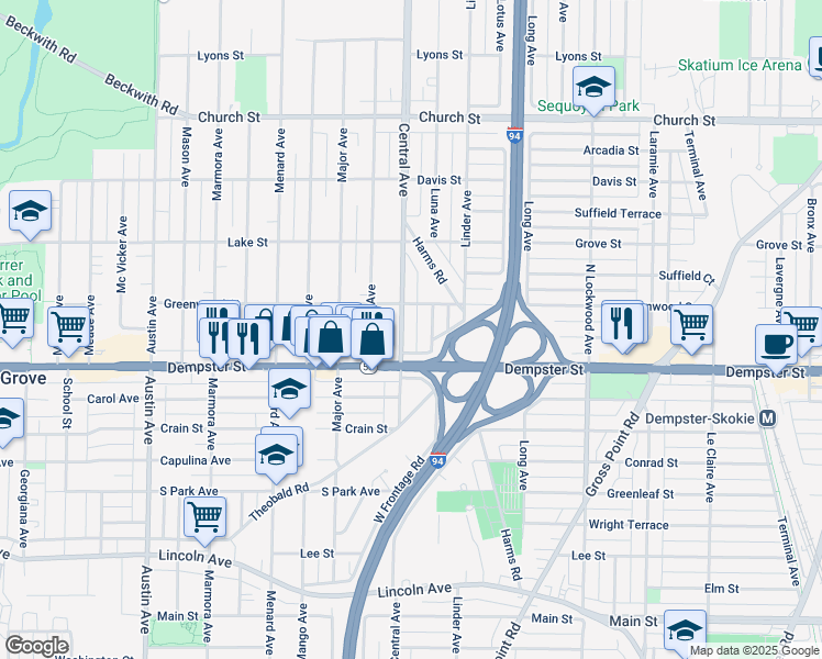 map of restaurants, bars, coffee shops, grocery stores, and more near 8827 Central Avenue in Morton Grove
