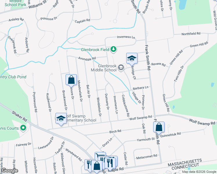 map of restaurants, bars, coffee shops, grocery stores, and more near 136 Dunsany Drive in Longmeadow