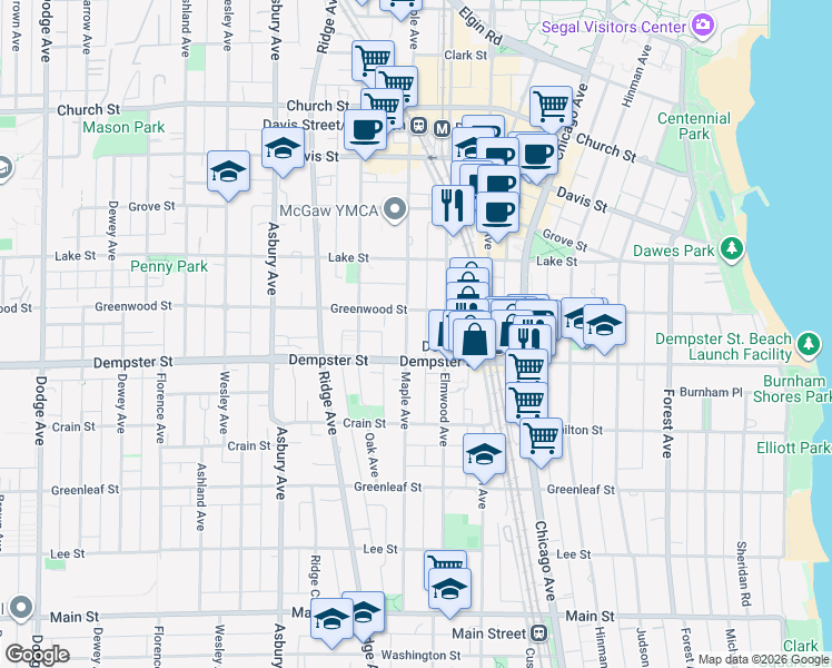 map of restaurants, bars, coffee shops, grocery stores, and more near 1318 Elmwood Avenue in Evanston