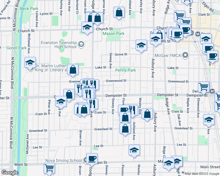 map of restaurants, bars, coffee shops, grocery stores, and more near 1315 Dewey Avenue in Evanston
