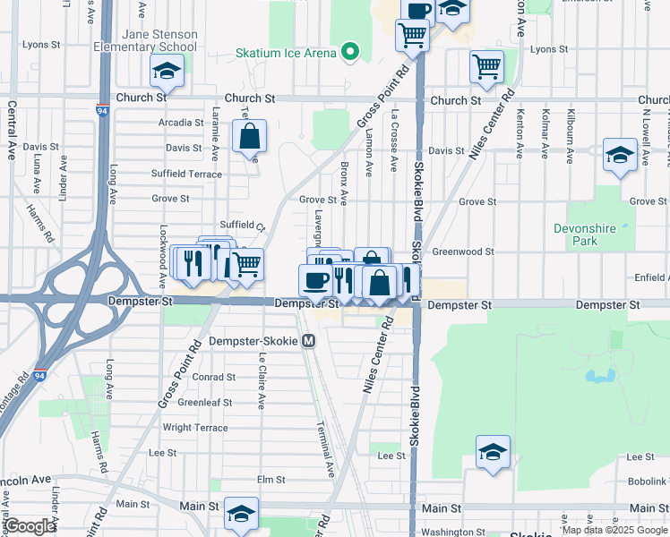 map of restaurants, bars, coffee shops, grocery stores, and more near 8841 Lavergne Avenue in Skokie