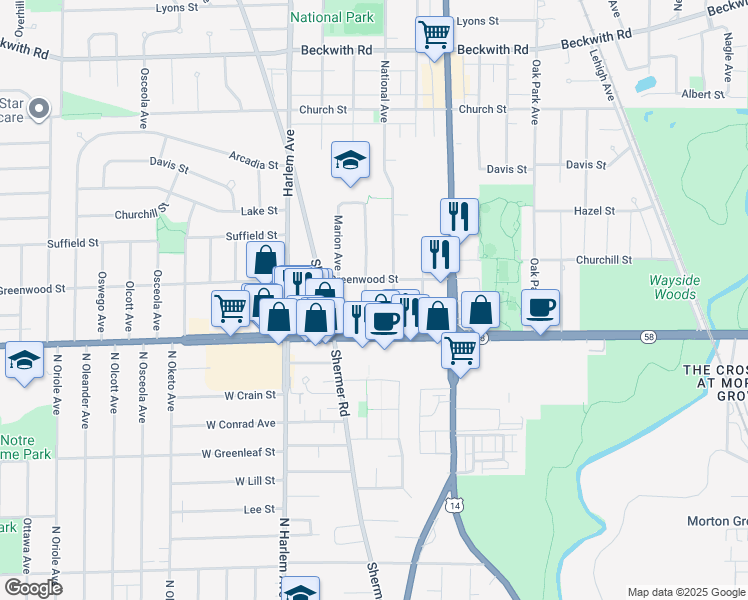map of restaurants, bars, coffee shops, grocery stores, and more near 8829 Belleforte Avenue in Morton Grove