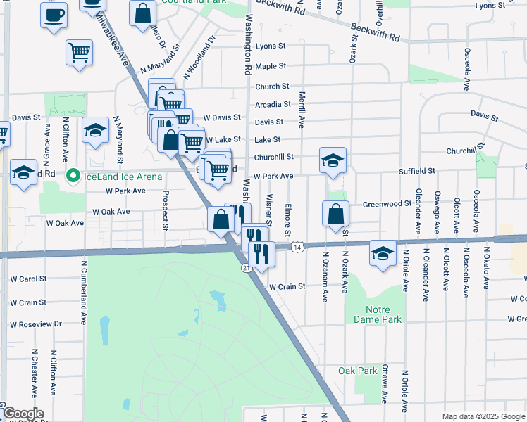 map of restaurants, bars, coffee shops, grocery stores, and more near 8860 North Wisner Street in Niles