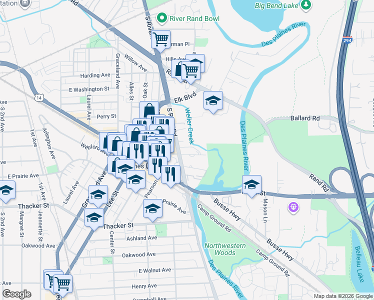 map of restaurants, bars, coffee shops, grocery stores, and more near 1646 River Street in Des Plaines