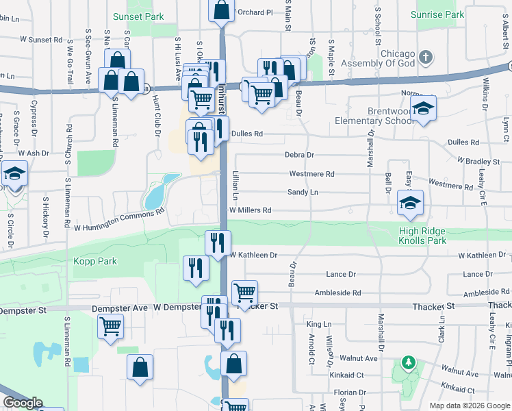 map of restaurants, bars, coffee shops, grocery stores, and more near 740 West Millers Road in Des Plaines