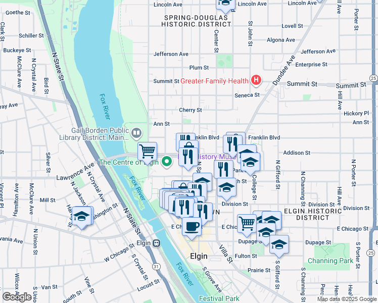 map of restaurants, bars, coffee shops, grocery stores, and more near 251 Douglas Avenue in Elgin