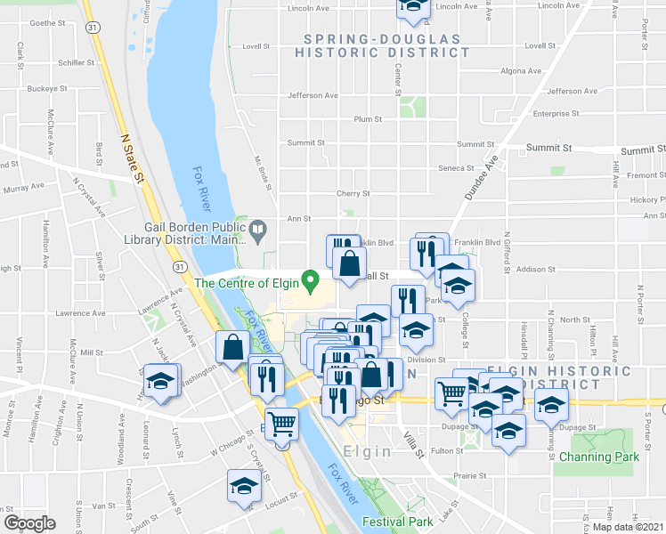 map of restaurants, bars, coffee shops, grocery stores, and more near 251 Douglas Avenue in Elgin