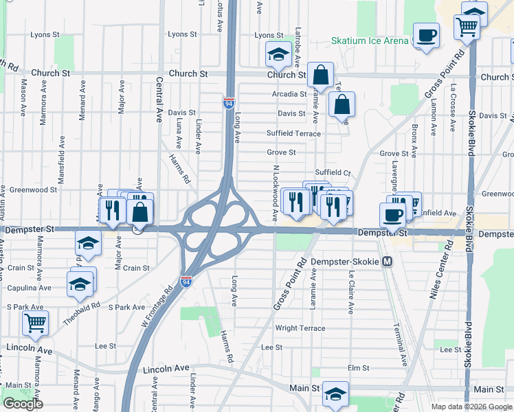 map of restaurants, bars, coffee shops, grocery stores, and more near 5326 Enfield Avenue in Skokie