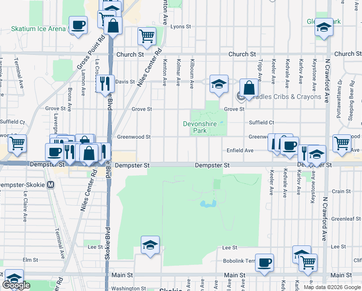 map of restaurants, bars, coffee shops, grocery stores, and more near 8841 Kolmar Avenue in Skokie