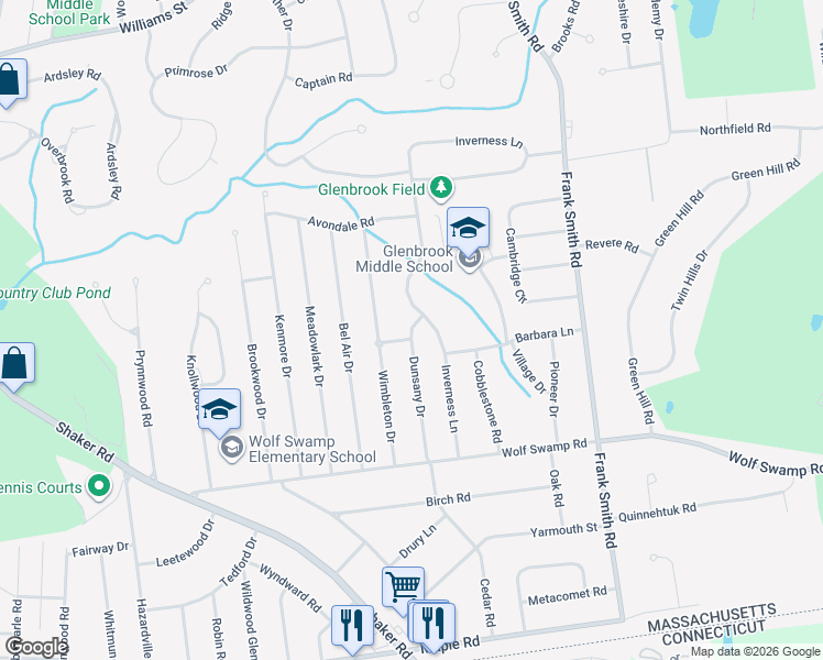 map of restaurants, bars, coffee shops, grocery stores, and more near 136 Dunsany Drive in Longmeadow