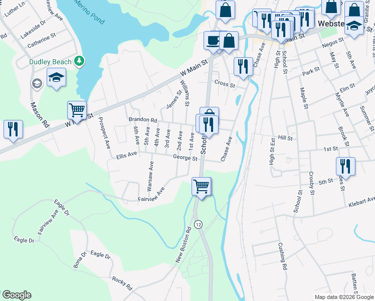 map of restaurants, bars, coffee shops, grocery stores, and more near 11 1st Avenue in Dudley
