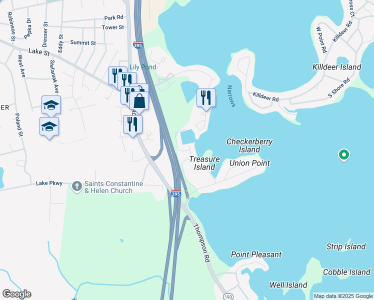 map of restaurants, bars, coffee shops, grocery stores, and more near 904 Treasure Island Road in Webster