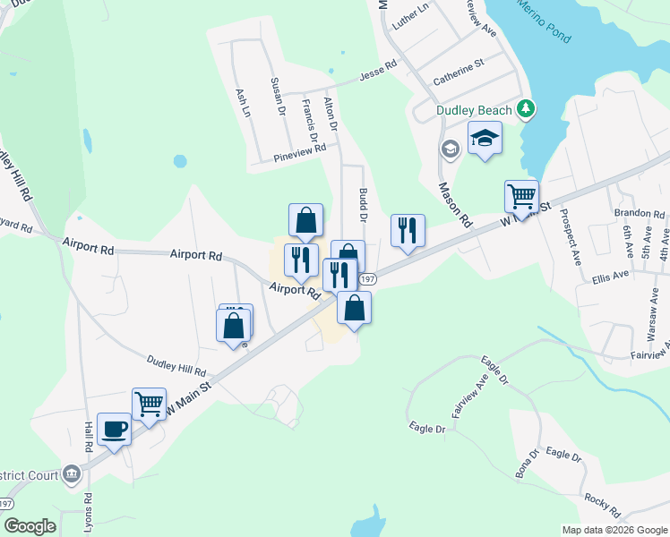 map of restaurants, bars, coffee shops, grocery stores, and more near 1 Alton Drive in Dudley