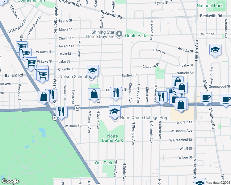 map of restaurants, bars, coffee shops, grocery stores, and more near 8837 Ottawa Avenue in Morton Grove