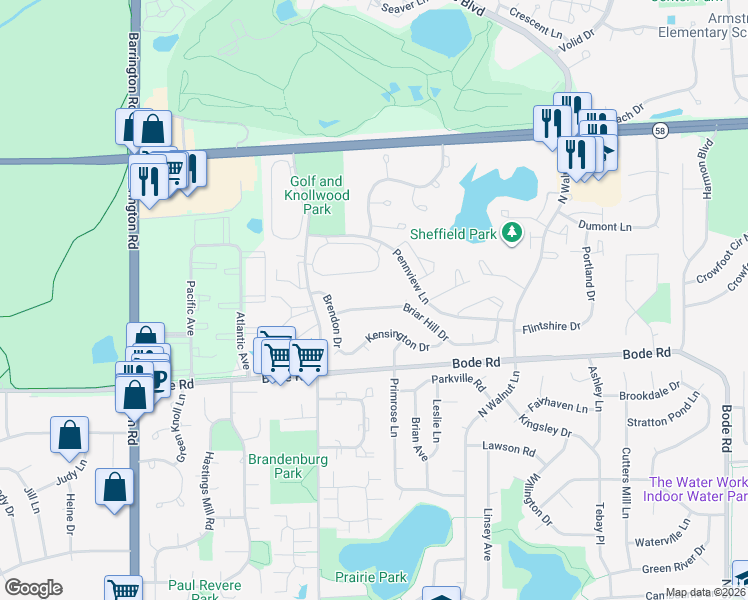 map of restaurants, bars, coffee shops, grocery stores, and more near 2216 Briar Hill Drive in Schaumburg