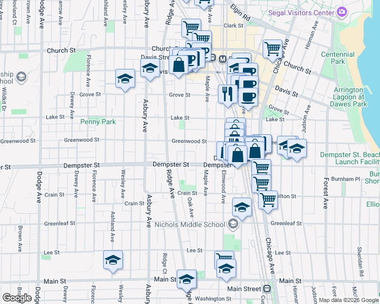 map of restaurants, bars, coffee shops, grocery stores, and more near 1319 Oak Avenue in Evanston