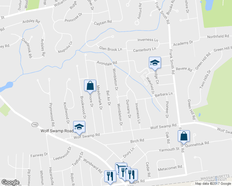 map of restaurants, bars, coffee shops, grocery stores, and more near 146 Wimbleton Drive in Longmeadow