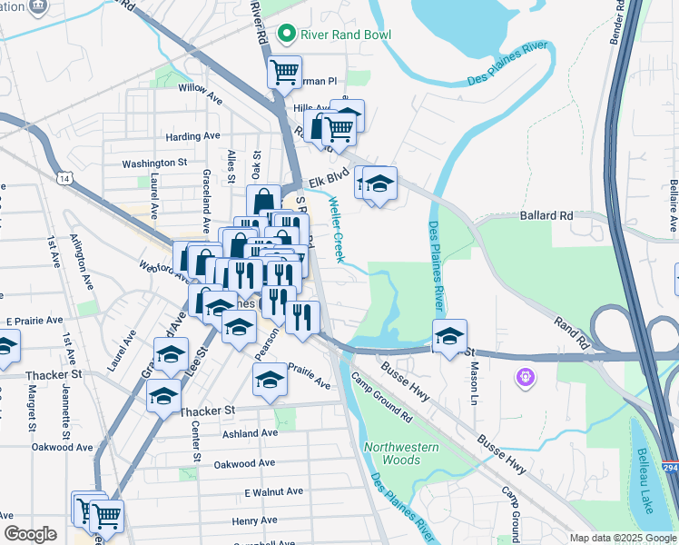 map of restaurants, bars, coffee shops, grocery stores, and more near 1646 River Street in Des Plaines