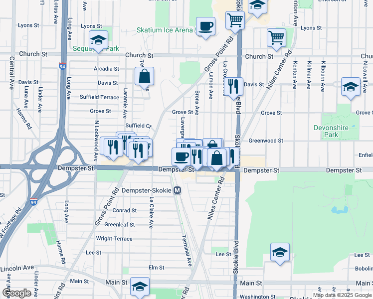 map of restaurants, bars, coffee shops, grocery stores, and more near 8841 Lavergne Avenue in Skokie