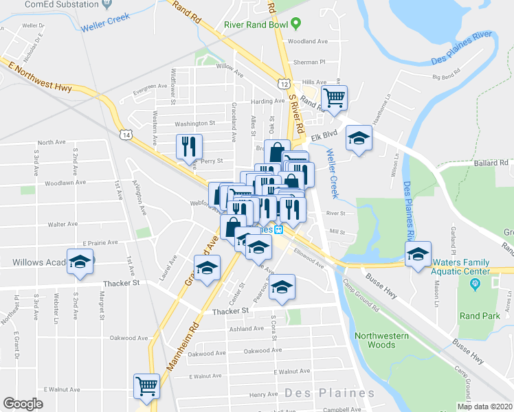 map of restaurants, bars, coffee shops, grocery stores, and more near 1436 Miner Street in Des Plaines