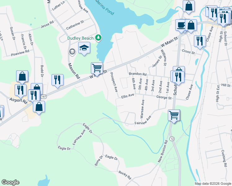 map of restaurants, bars, coffee shops, grocery stores, and more near 34 Prospect Avenue in Dudley