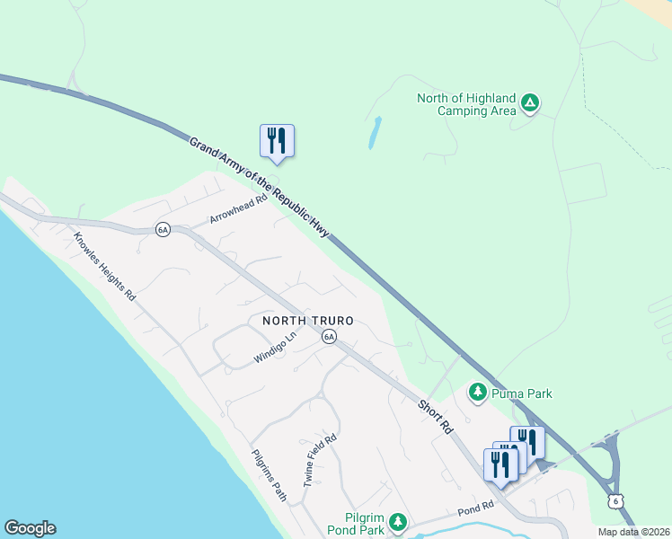 map of restaurants, bars, coffee shops, grocery stores, and more near 2 Pine Ridge End in Truro