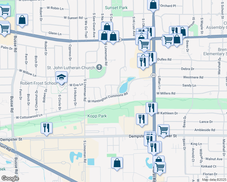 map of restaurants, bars, coffee shops, grocery stores, and more near 1308 Hunt Club Drive in Mount Prospect