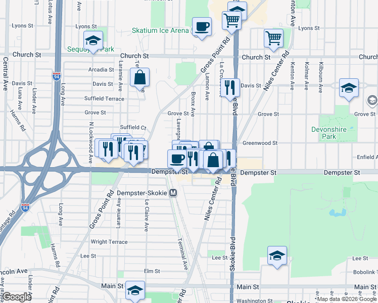 map of restaurants, bars, coffee shops, grocery stores, and more near 8841 Lavergne Avenue in Skokie