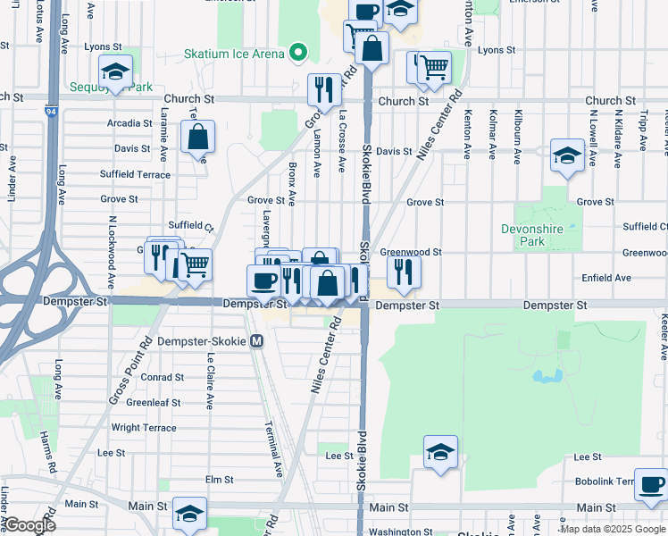 map of restaurants, bars, coffee shops, grocery stores, and more near 8840 La Crosse Avenue in Skokie
