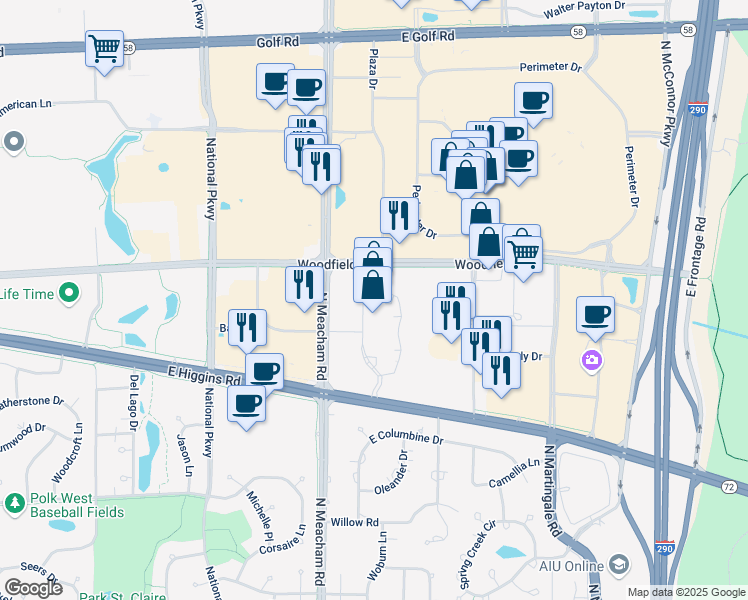 map of restaurants, bars, coffee shops, grocery stores, and more near 1475 Woodfield Road in Schaumburg