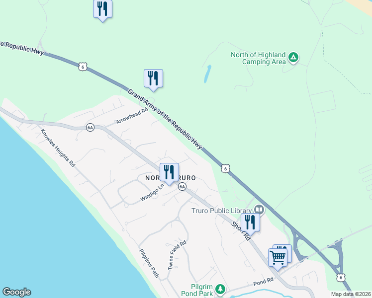 map of restaurants, bars, coffee shops, grocery stores, and more near 1 Pine Ridge End in Truro