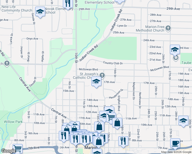 map of restaurants, bars, coffee shops, grocery stores, and more near 1285 Brockman Avenue in Marion