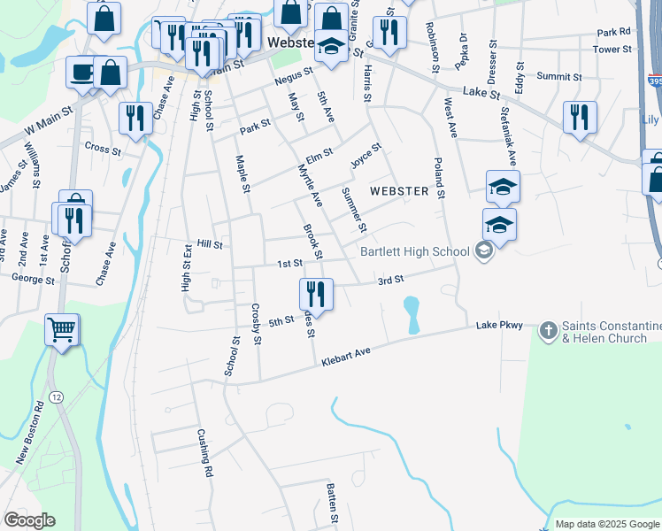 map of restaurants, bars, coffee shops, grocery stores, and more near 44 1st Street in Webster