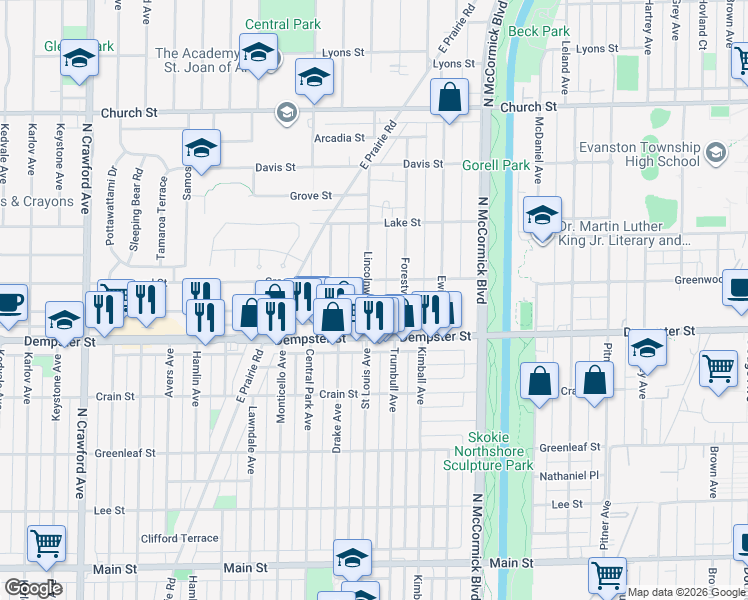 map of restaurants, bars, coffee shops, grocery stores, and more near 8839 Lincolnwood Drive in Evanston