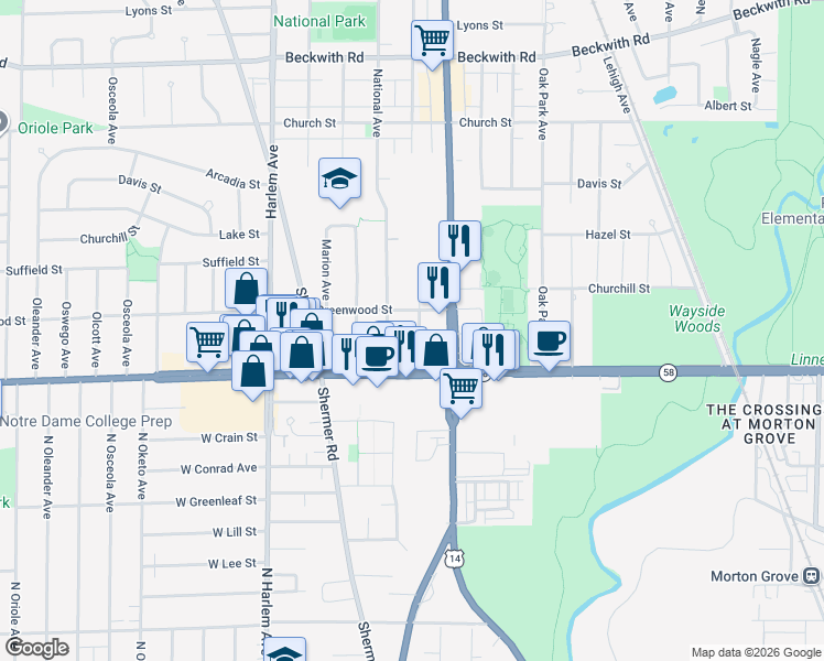 map of restaurants, bars, coffee shops, grocery stores, and more near 8830 Sayre Avenue in Morton Grove