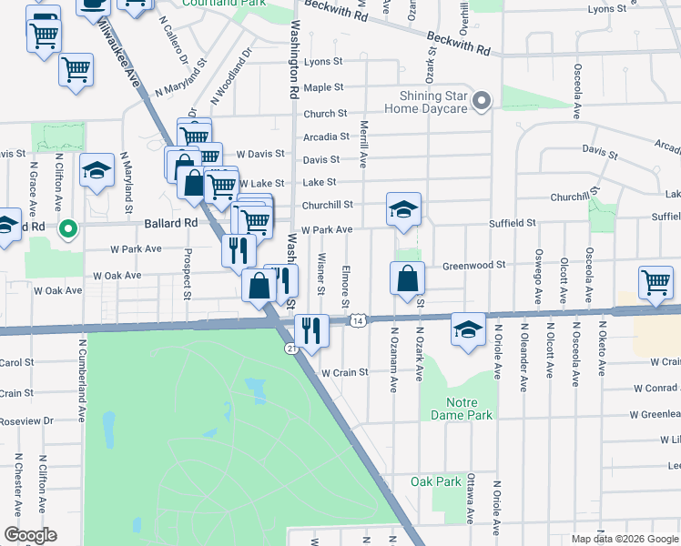 map of restaurants, bars, coffee shops, grocery stores, and more near 8856 Elmore Street in Niles