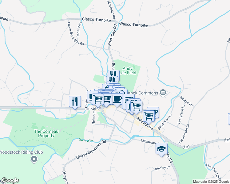 map of restaurants, bars, coffee shops, grocery stores, and more near 16 Rock City Rd in Woodstock