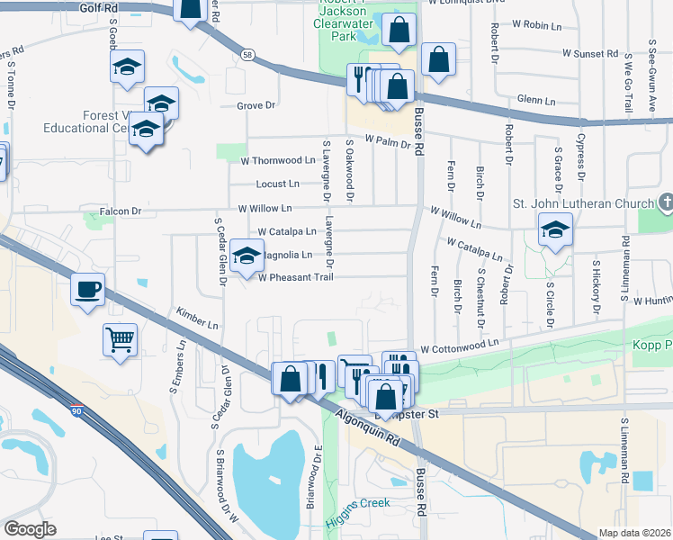 map of restaurants, bars, coffee shops, grocery stores, and more near 1728 West Pheasant Trail in Mount Prospect