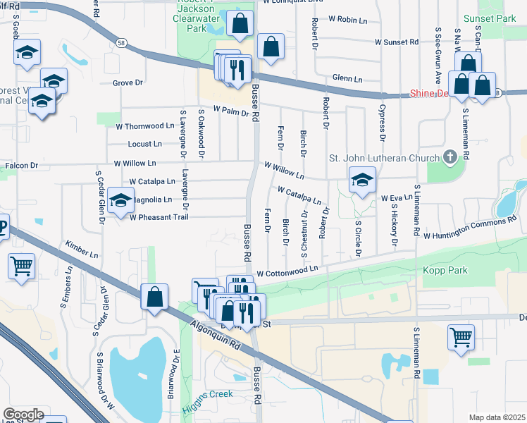 map of restaurants, bars, coffee shops, grocery stores, and more near 1412 Fern Drive in Mount Prospect
