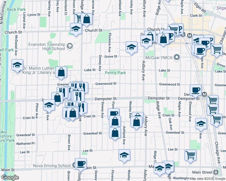 map of restaurants, bars, coffee shops, grocery stores, and more near 1600 Thelin Court in Evanston