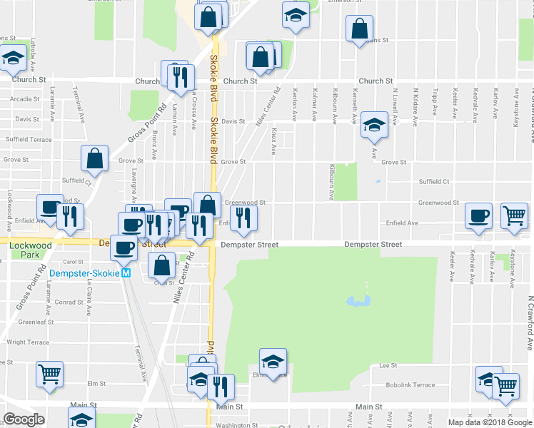 map of restaurants, bars, coffee shops, grocery stores, and more near 8842 Knox Avenue in Skokie