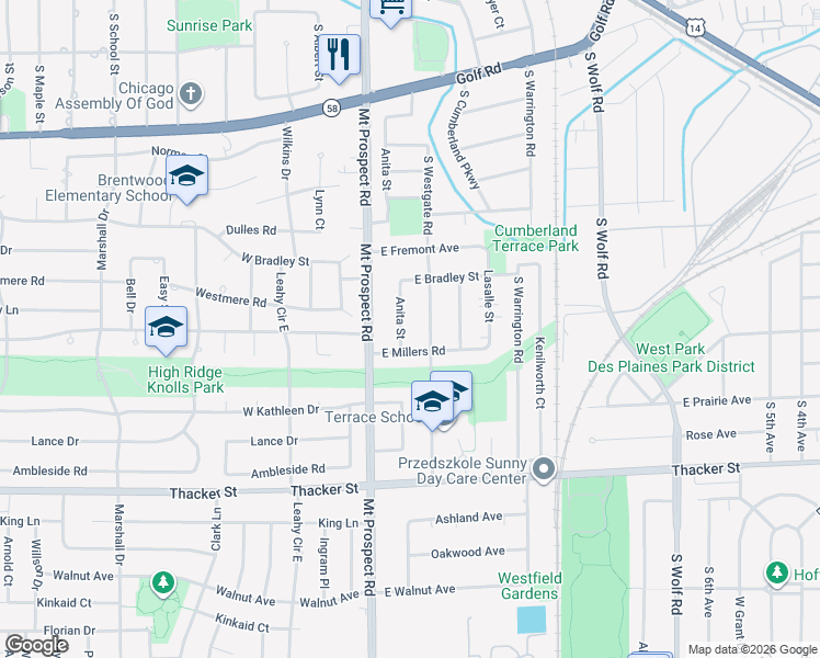 map of restaurants, bars, coffee shops, grocery stores, and more near 569 Anita Street in Des Plaines