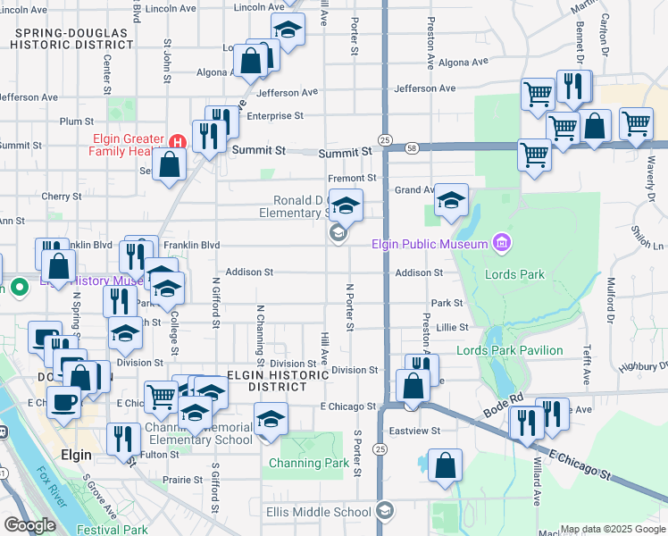 map of restaurants, bars, coffee shops, grocery stores, and more near 253 Hill Avenue in Elgin